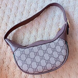 Gucci Brown GG Monogram Crescent Shoulder Bag with Dark Brown Trim